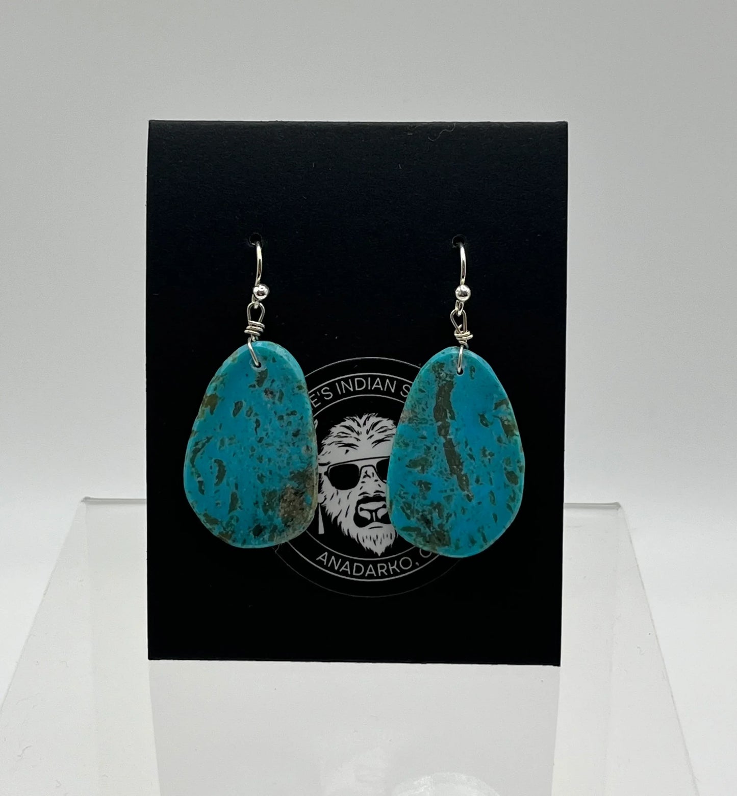 Turquoise teardrop earrings with silver hooks, Native American art jewelry from Anadarko