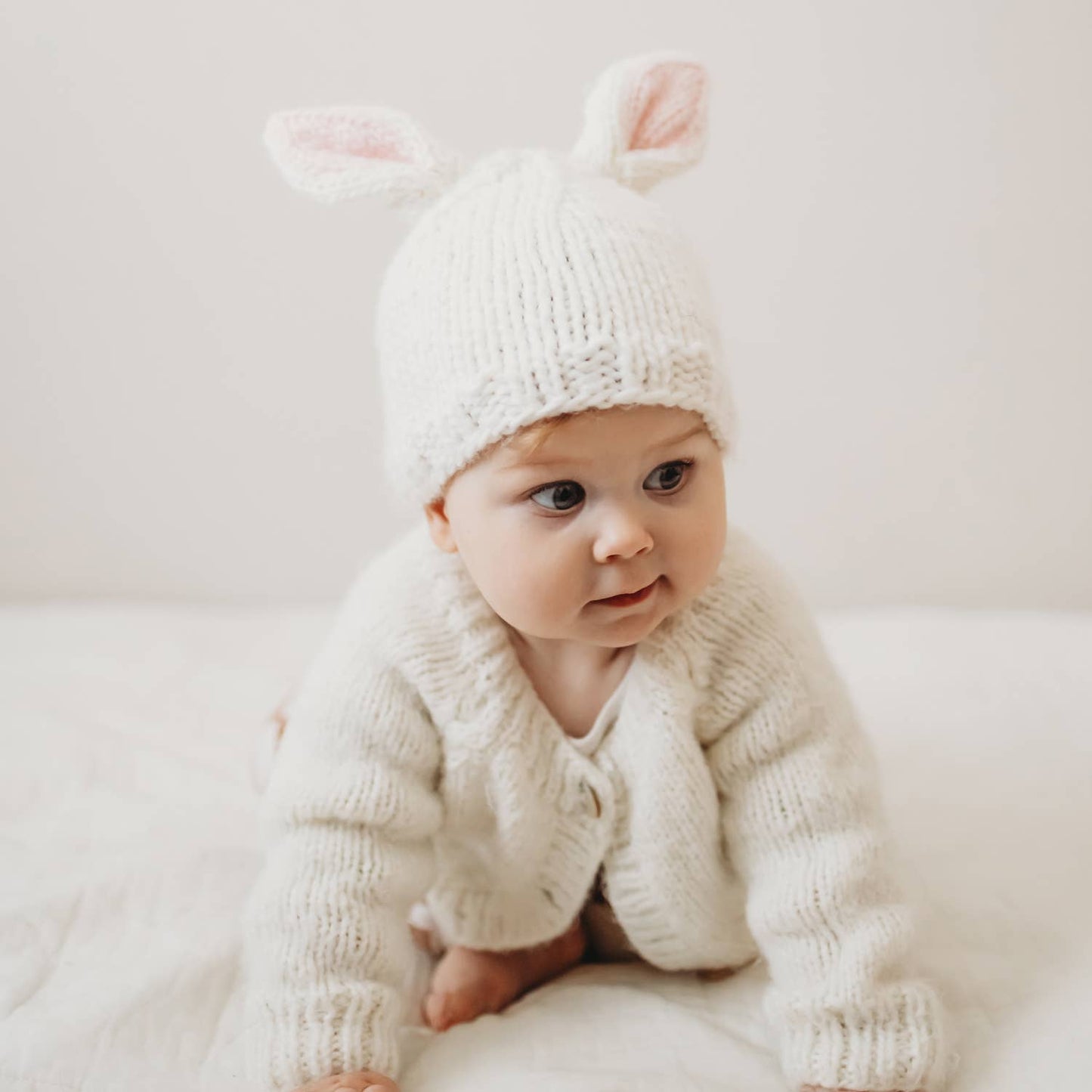 Bunny Ears White Beanie Hat: Medium (6-24 months)