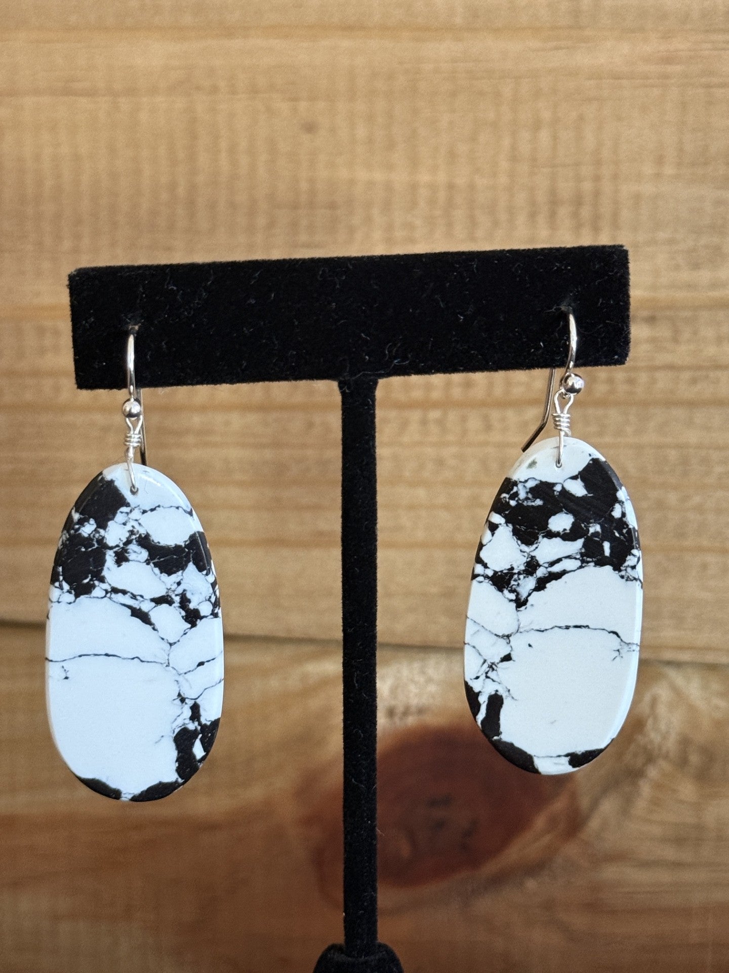 White Buffalo & Sterling Silver Slab Oval Dangle Earrings