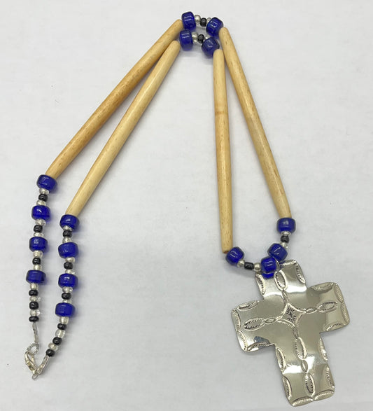 Bone and bead necklace with German silver cross