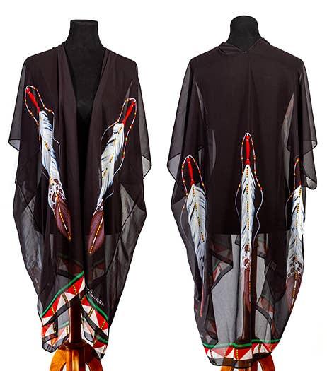 Black sheer shawl with Native American feather print, traditional art-inspired design for cultural attire