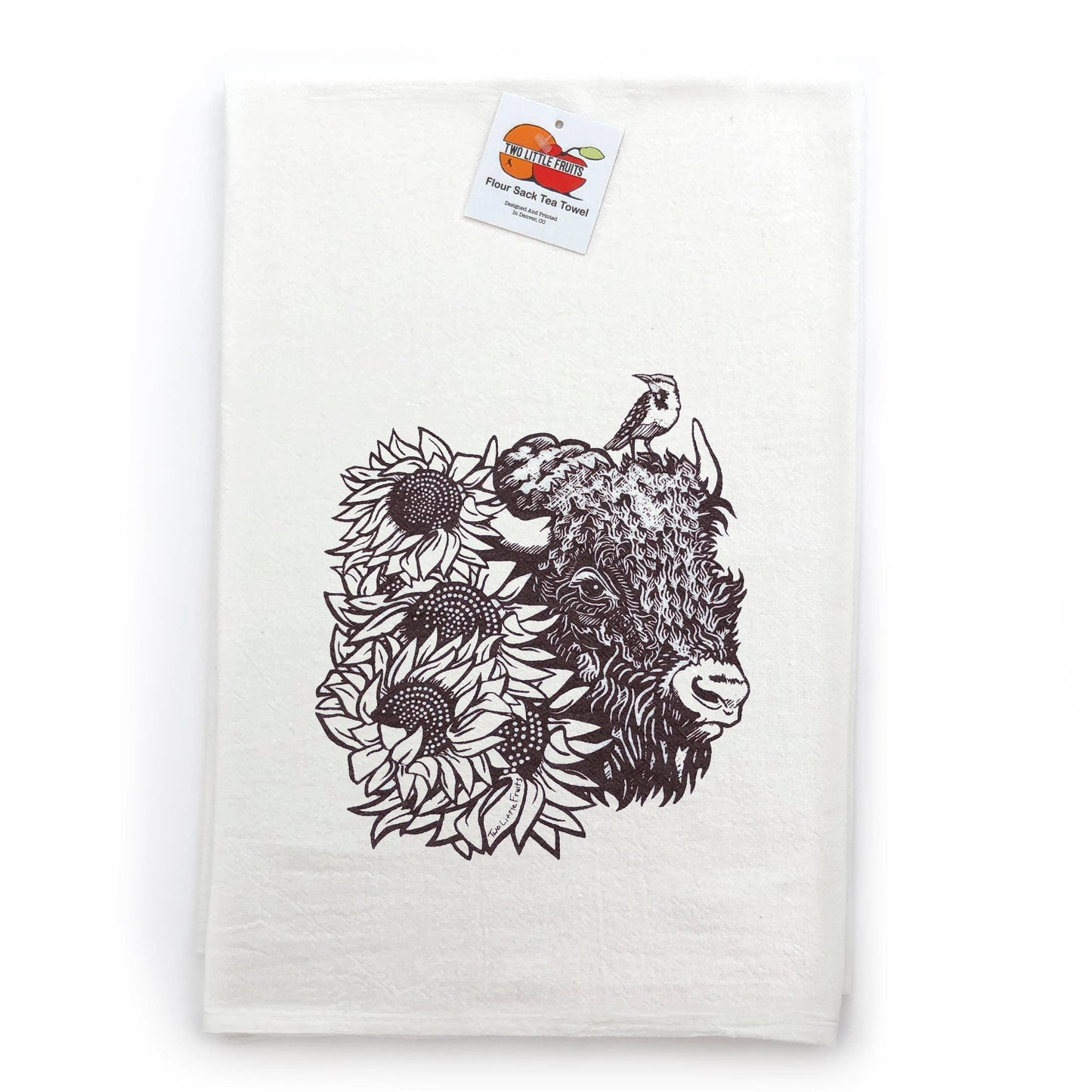 White tea towel with bison, sunflowers, and bird print, perfect for Native art and craft decor