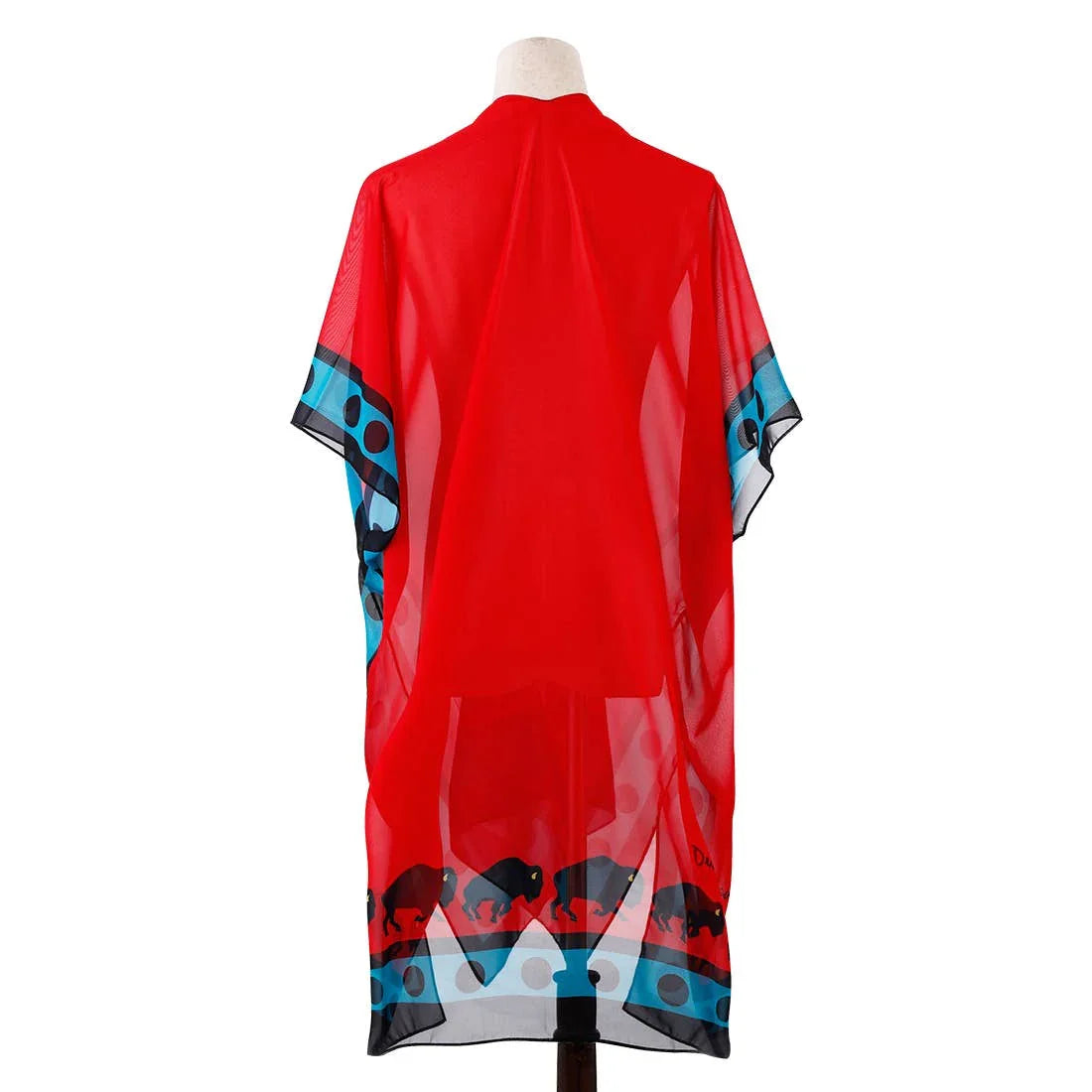 Red sheer kimono with bison print and blue-black trim, ideal for Native American crafts and traditional attire.