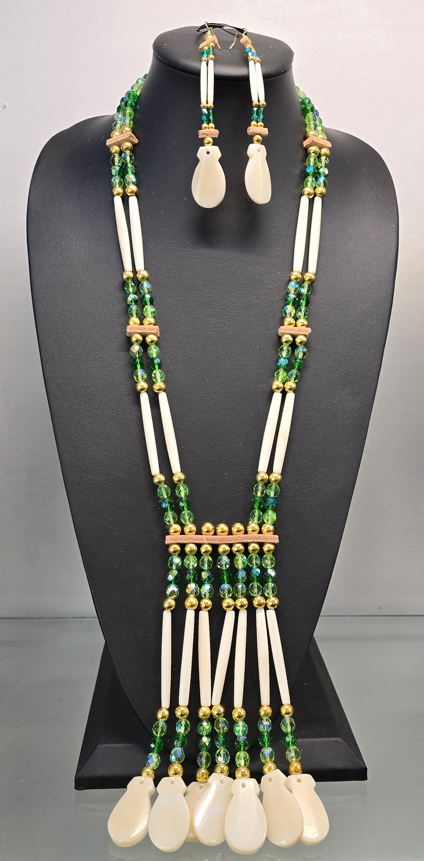 Bone & Glass Elk Tooth Necklace/Earring Set - Green