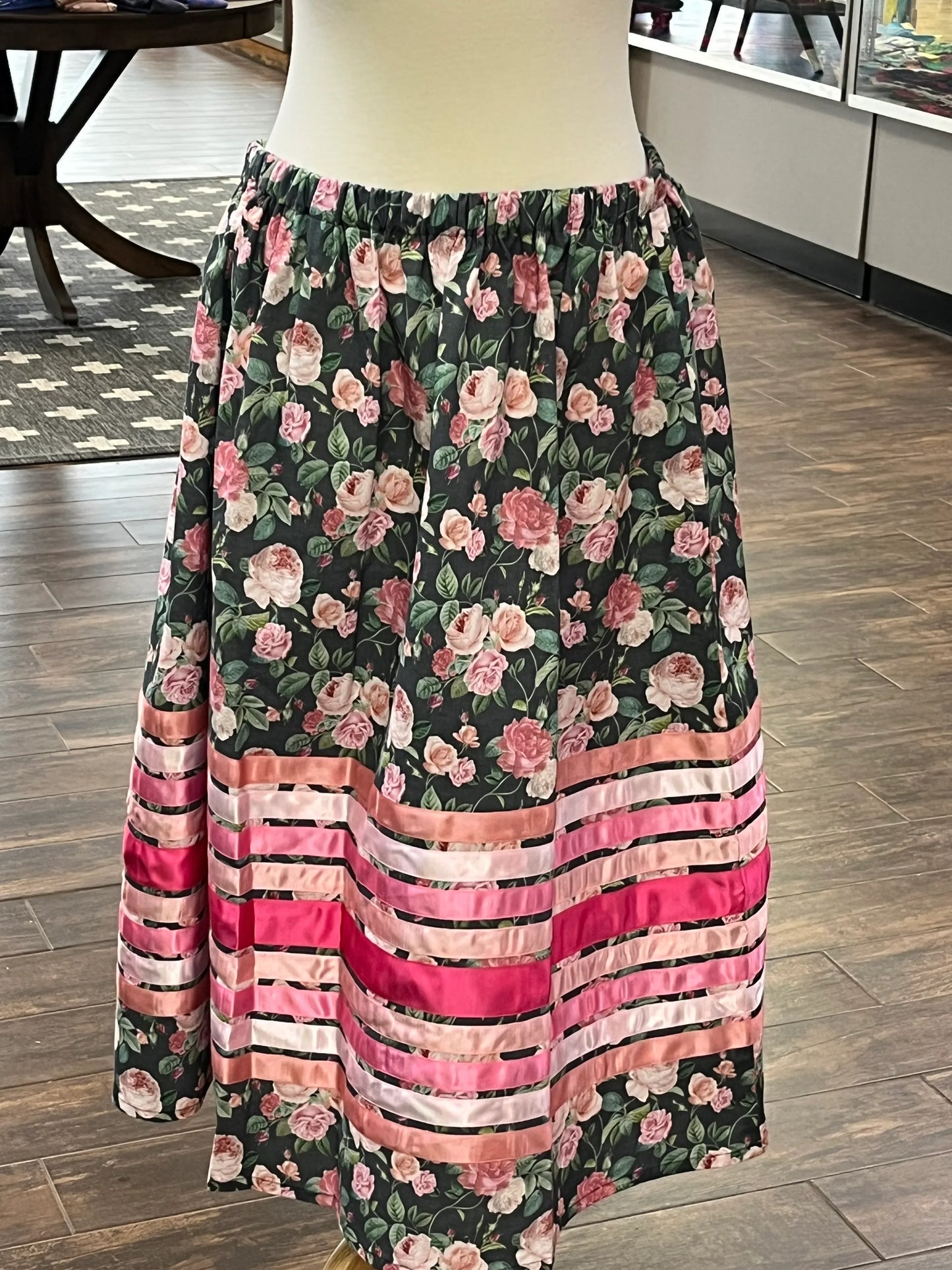 Pink Floral Ribbon Skirt with Pink Ribbons; Waist 36", Length 32"