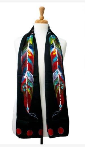 Black scarf with vibrant feather designs, perfect for Native American art and traditional clothing