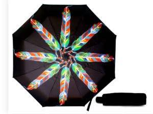 Black umbrella with colorful Native American feather pattern, ideal for traditional art and craft supplies