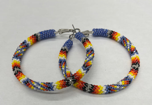 Blue peyote stitched hoop earrings