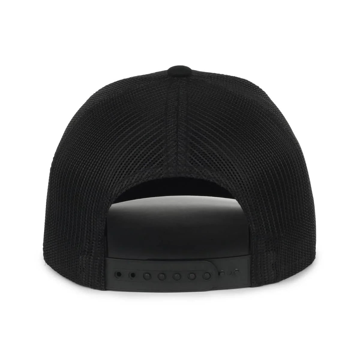 Black mesh trucker hat back view with adjustable snap closure
