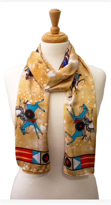 Native American art scarf with horse and rider print, traditional patterns, ideal for crafts and cultural attire
