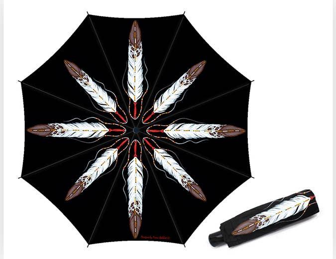 Black umbrella with Native American feather design, ideal for traditional art and craft enthusiasts