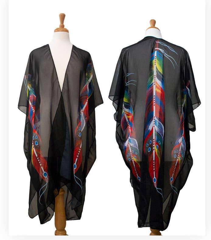 Black sheer kimono with vibrant Native-inspired feather print, front and back view