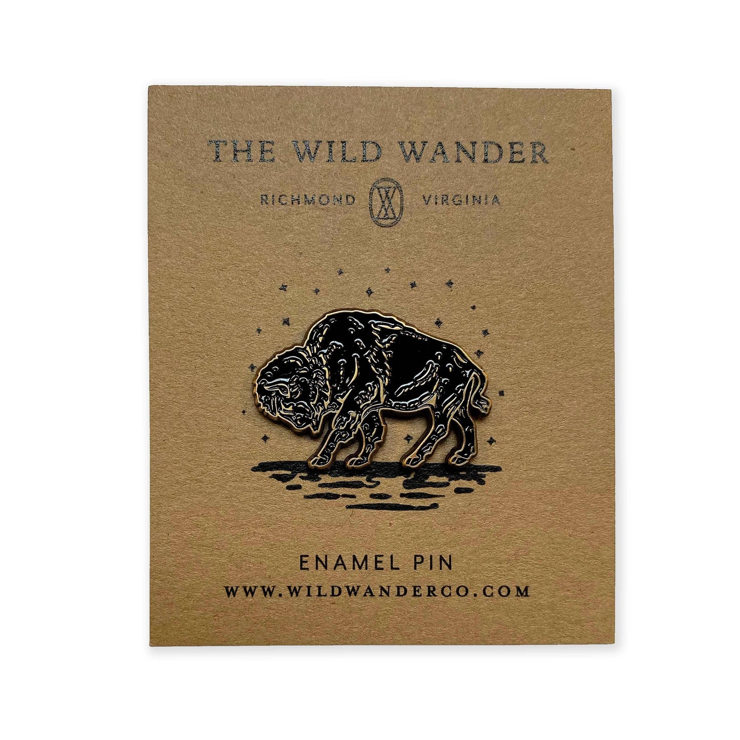 Black and gold bison enamel pin on rustic card, Native art inspired accessory for traditional clothing