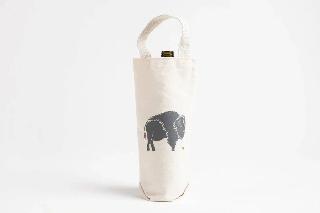 Canvas wine tote with bison print, ideal for Native art gifts and crafts