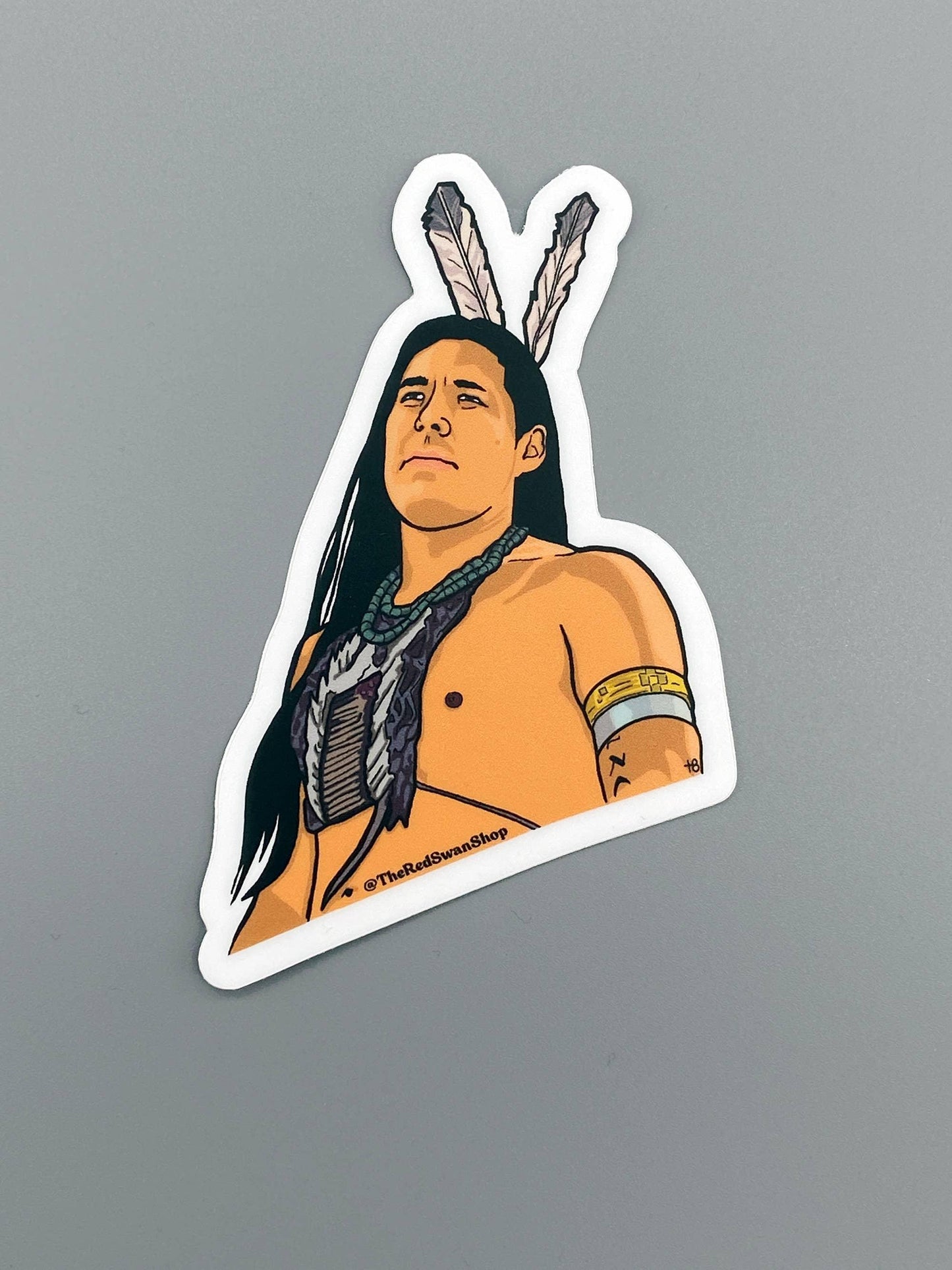 Native American warrior sticker with feathers and traditional adornments