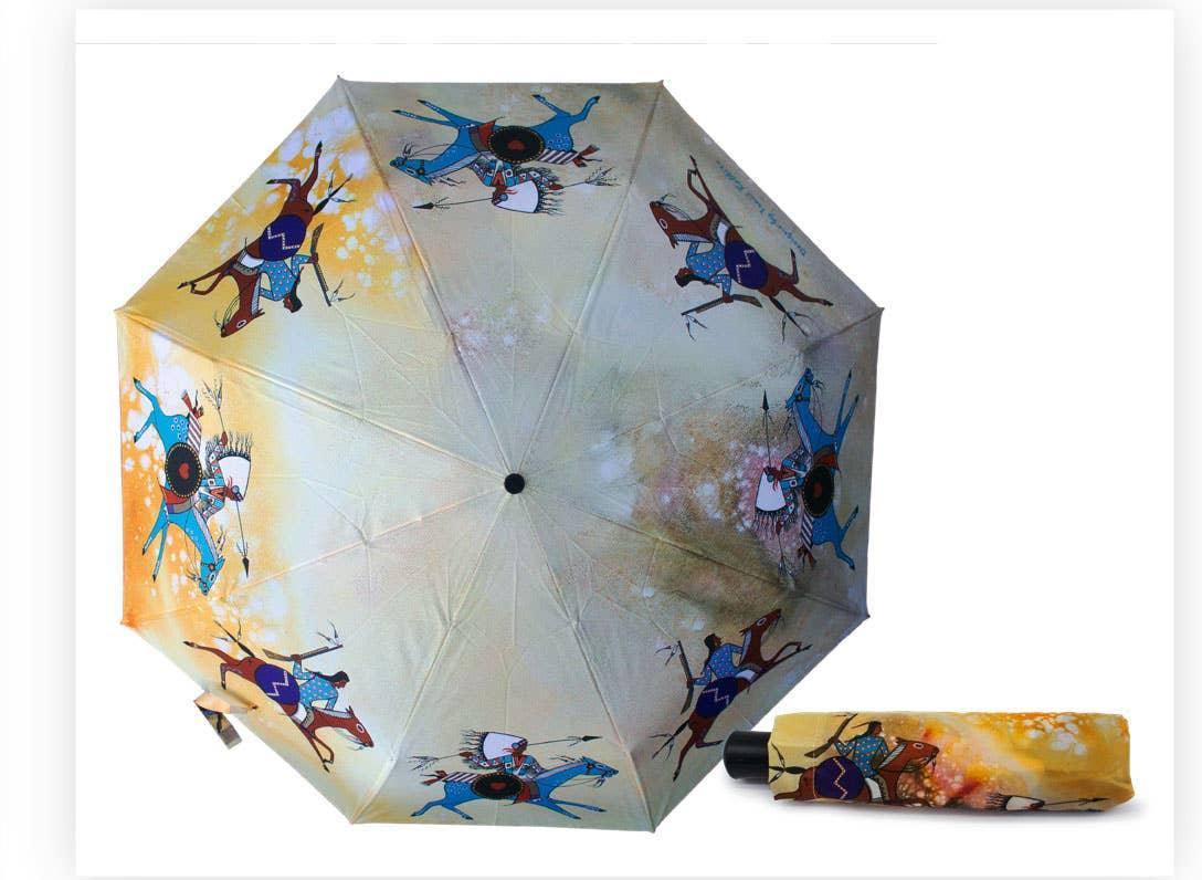 Native American art umbrella with horseback warriors, traditional designs, portable foldable style