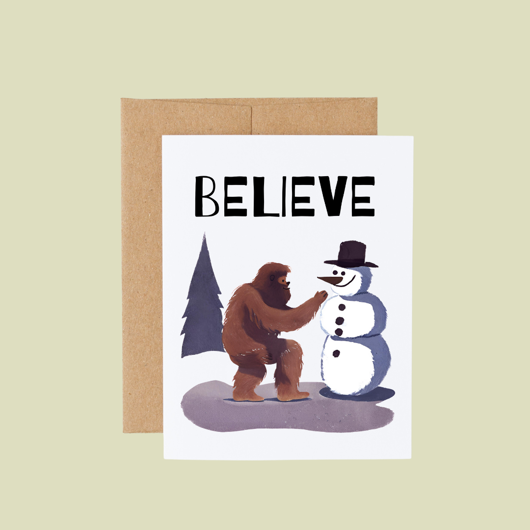 Bigfoot Building a Snowman Christmas Card : Brown Kraft Paper