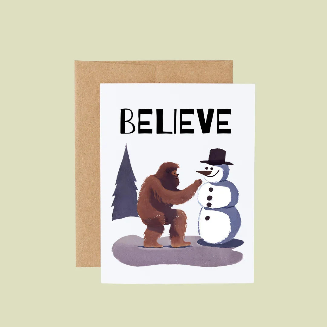 Bigfoot Building a Snowman Christmas Card : Brown Kraft Paper
