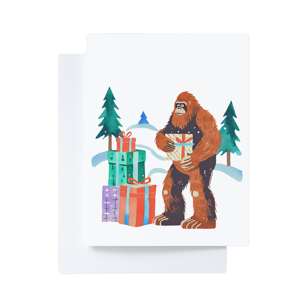 Set of 12 Cartoon Bigfoot Christmas Cards: Brown Kraft Paper