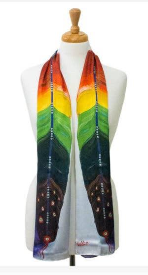 Vibrant rainbow feather print scarf for Native American art and traditional clothing