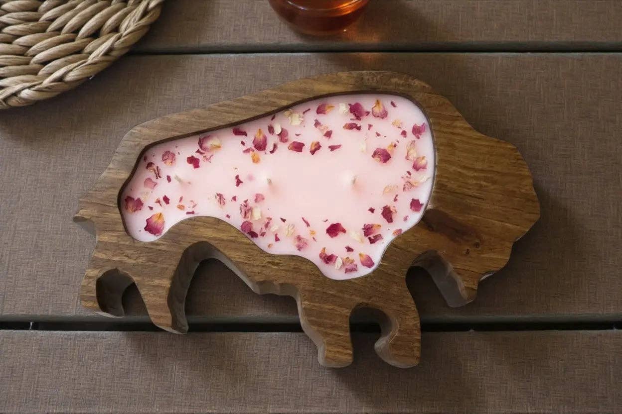 Bison or Buffalo Candle in Hand-Carved Bowl | Organic Soy Candle: Lavender Fields
