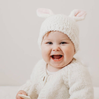 Bunny Ears White Beanie Hat: Medium (6-24 months)