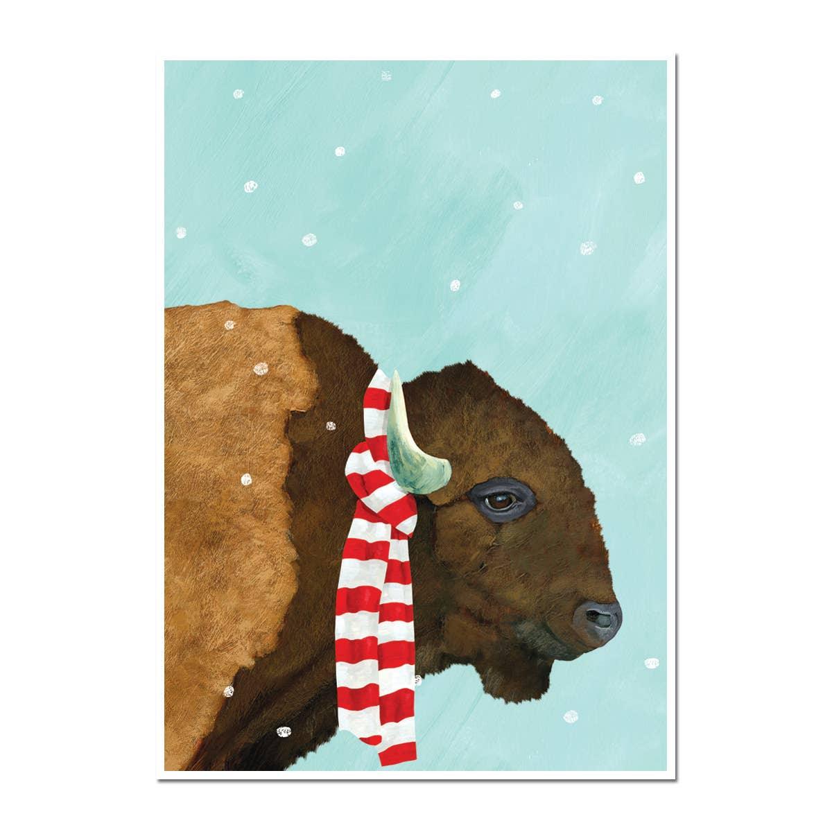 Bison wearing red and white striped scarf against snowy teal background, Native art print