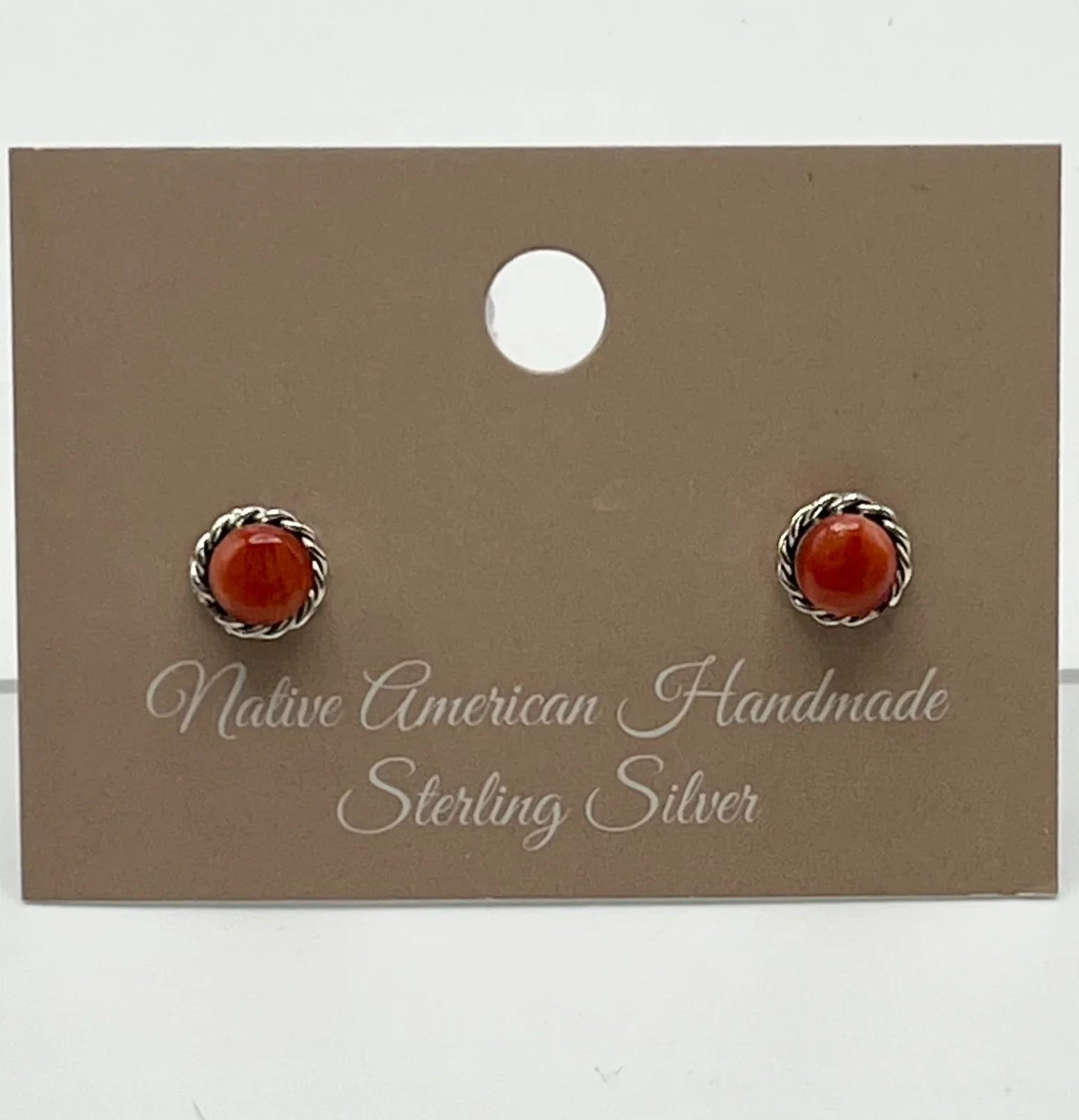 Orange Spiny Oyster and Sterling Silver Round Shaped Earrings