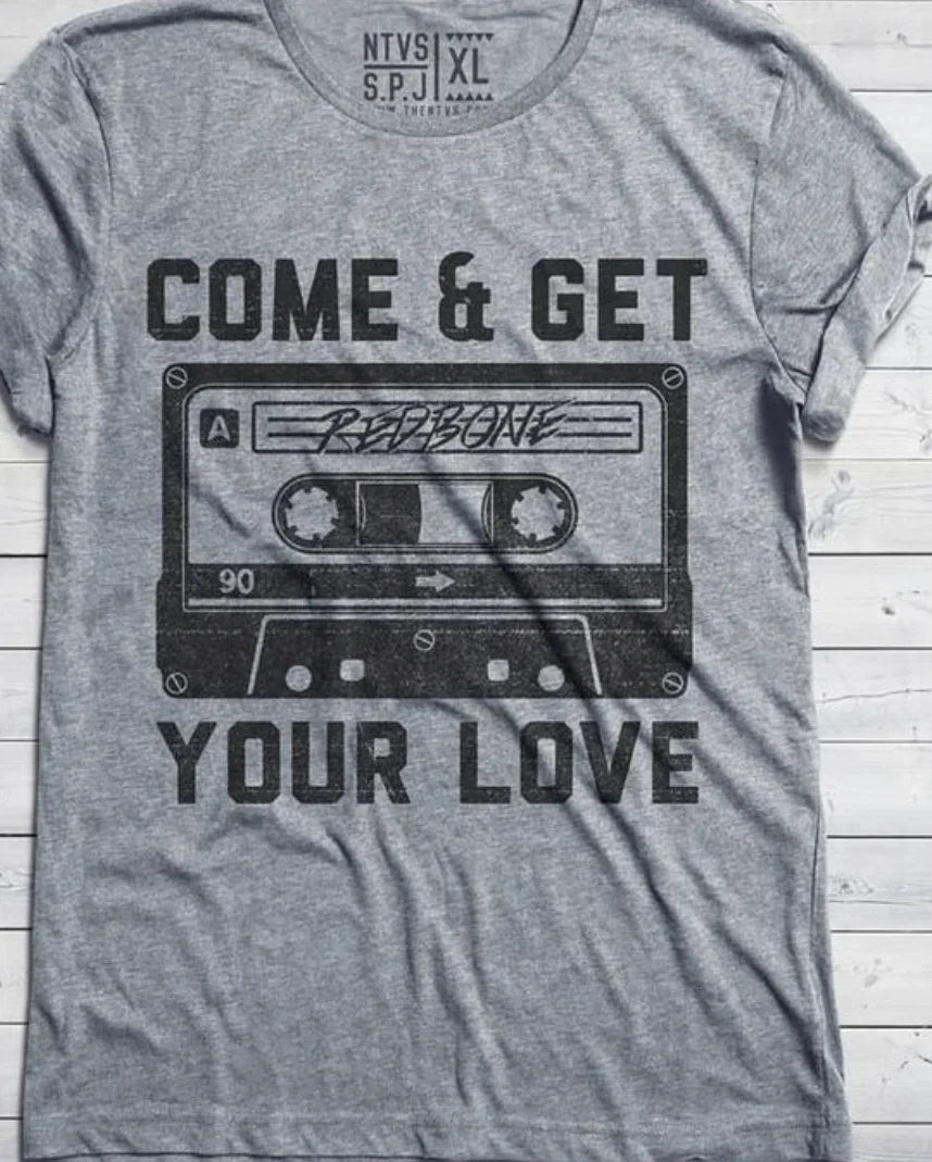 Gray t-shirt with 'Come & Get Your Love' cassette tape graphic, retro music design