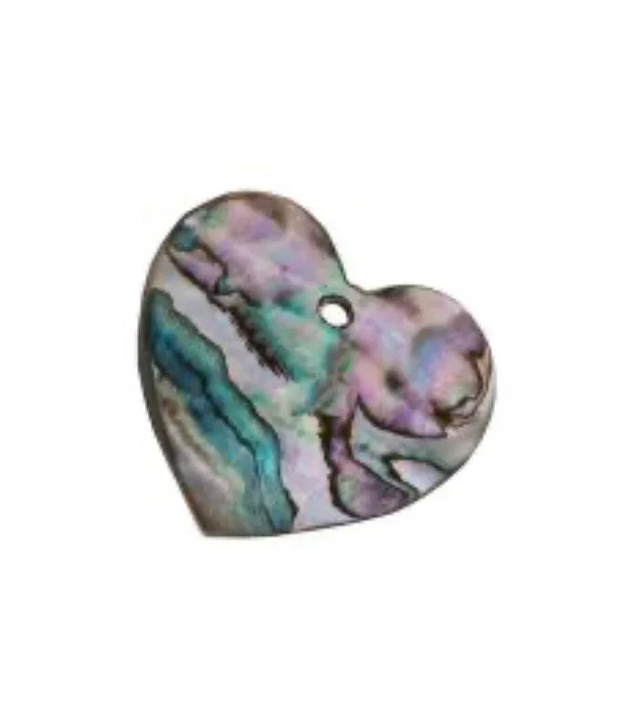 Heart-shaped abalone shell pendant with iridescent purple and teal hues, ideal for Native American crafts and jewelry making.