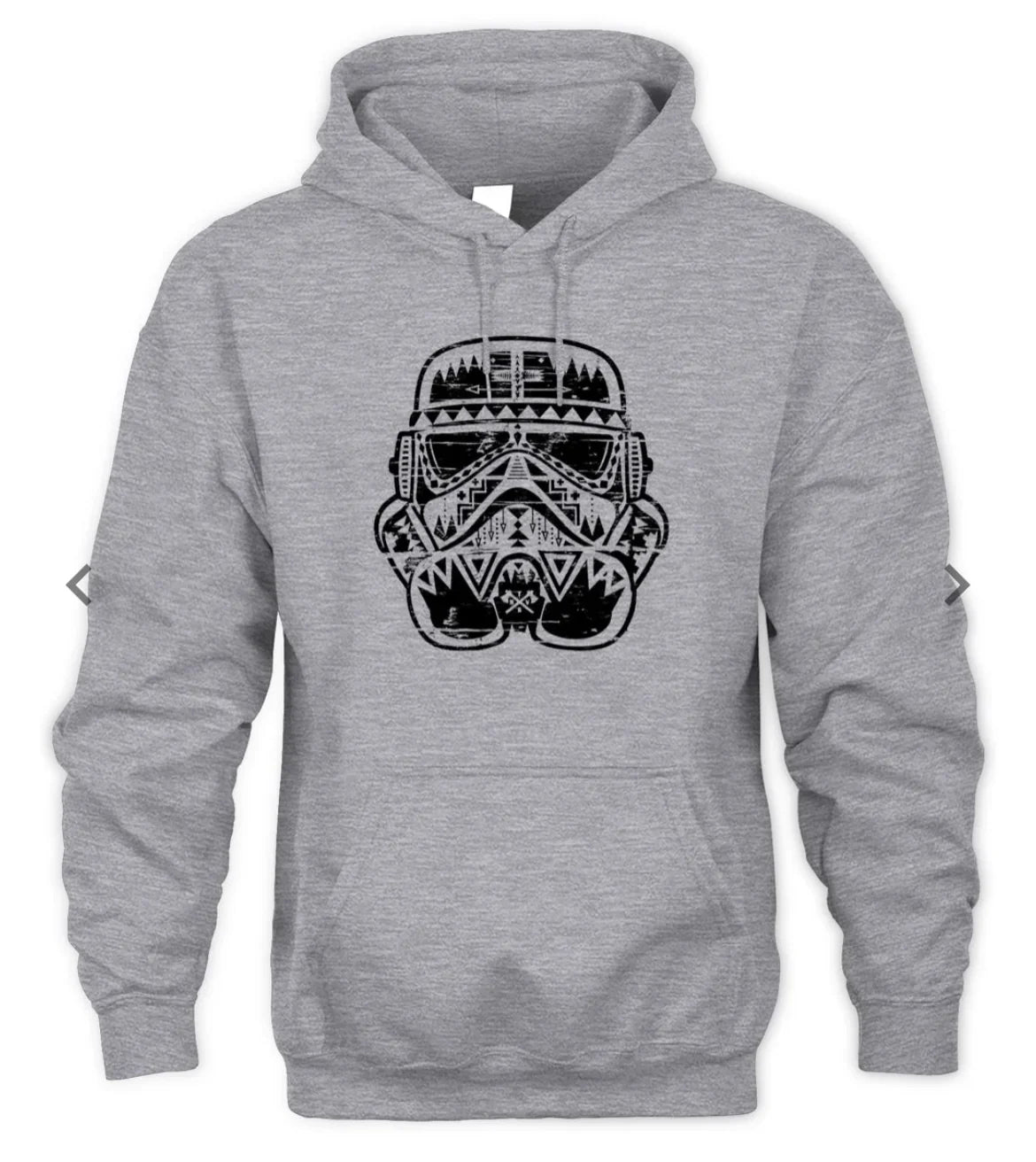 Gray hoodie with Native American patterned stormtrooper helmet design, blending tribal art and pop culture.