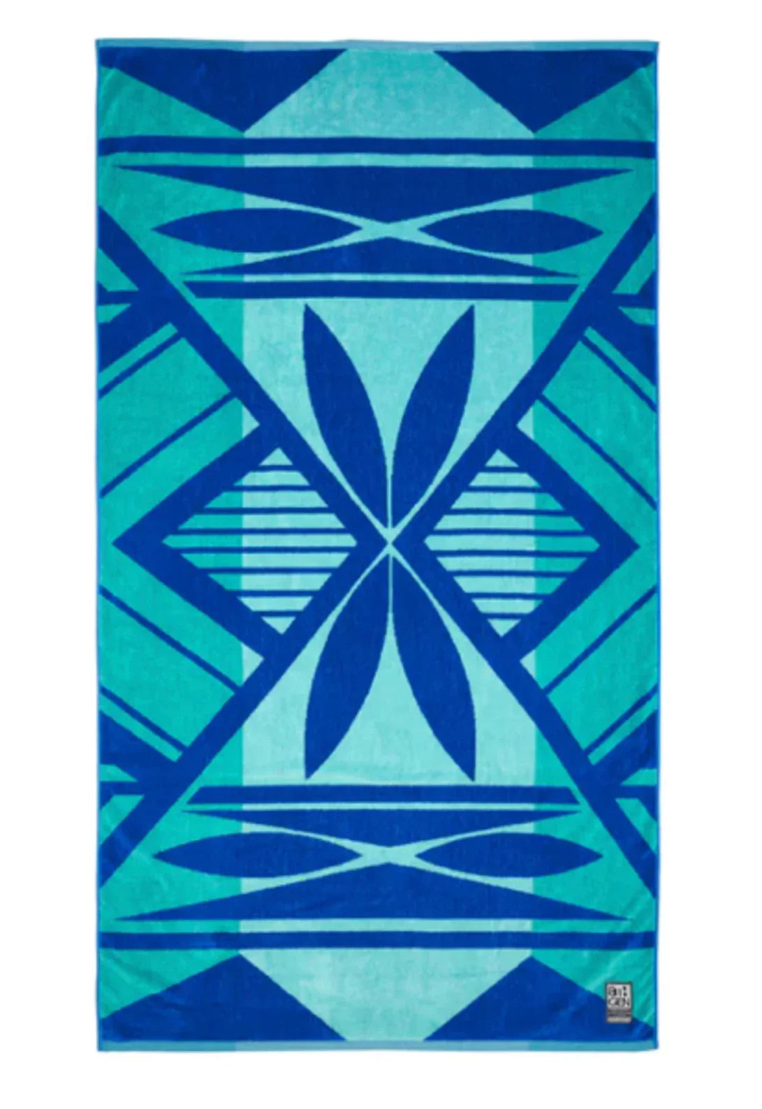 Blue and teal geometric patterned towel with Native-inspired design for beach or bath use