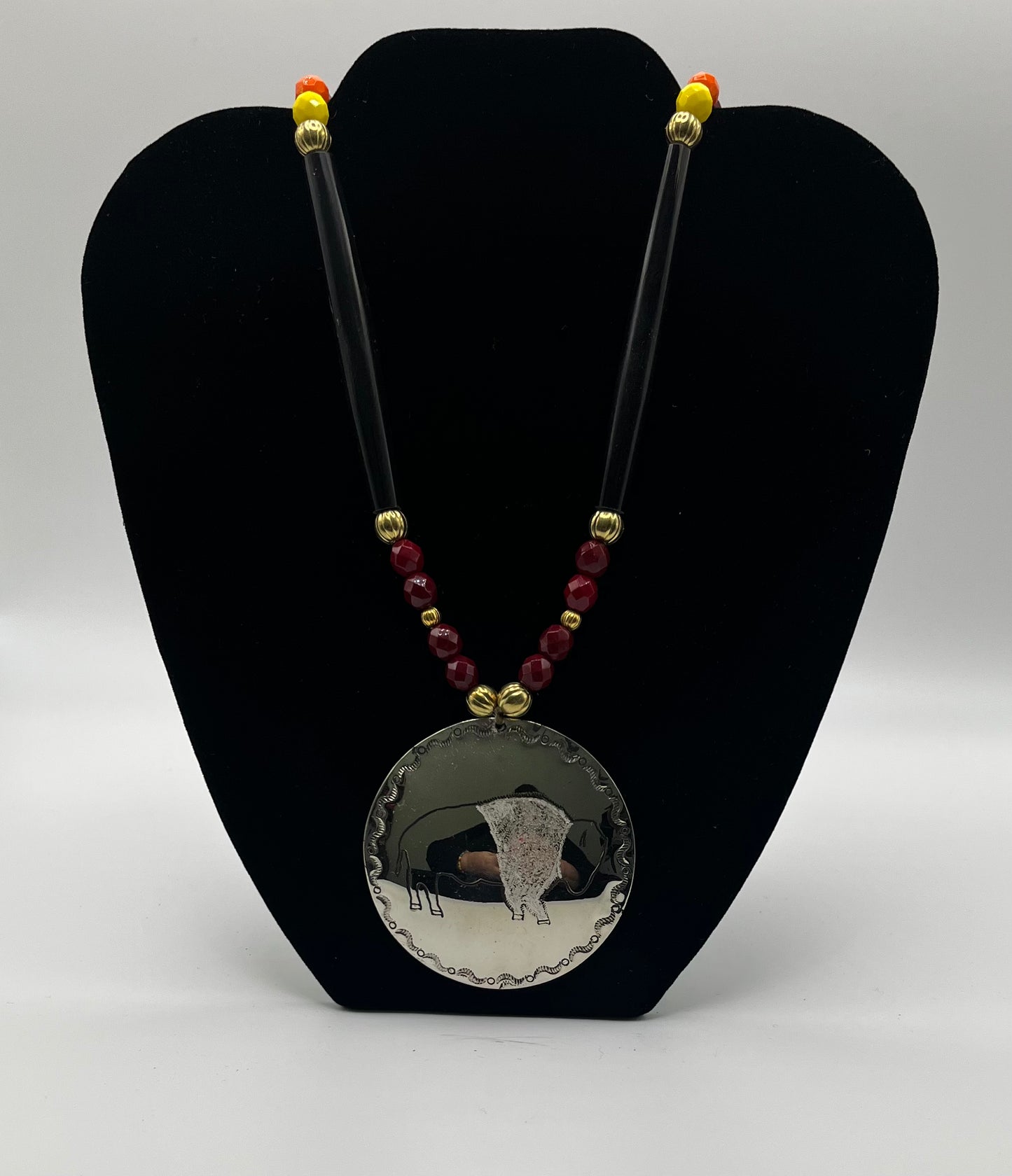 Charley Johnson German Silver Medallion with Bone and Beads; Buffalo