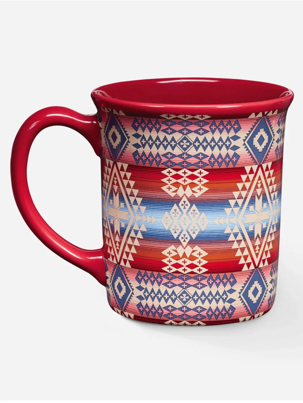 Red ceramic mug with Native American geometric patterns in blue, white, and red stripes