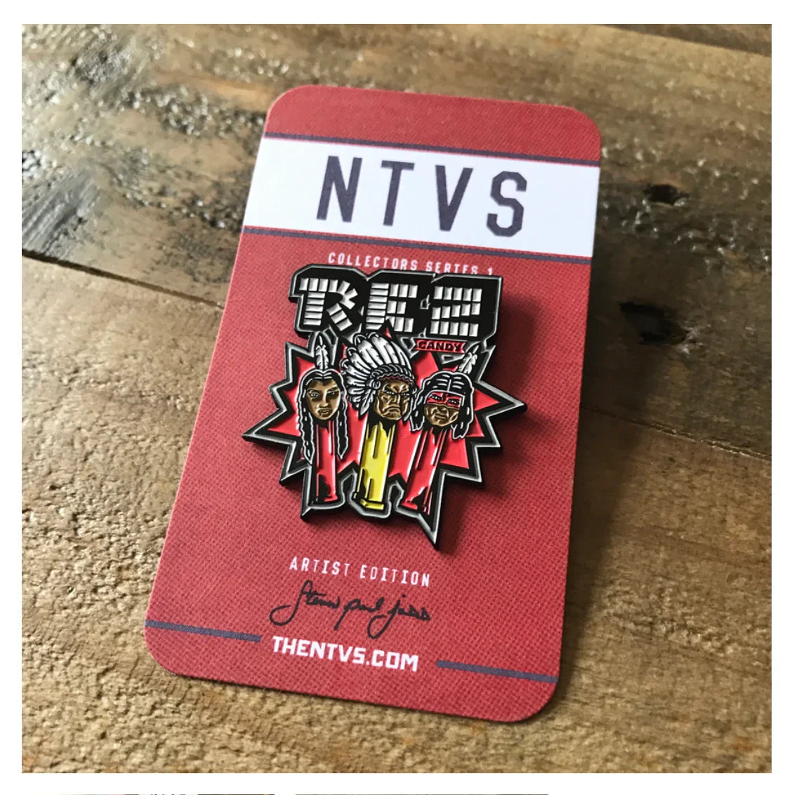 NTVS Artist Edition pin featuring Native American figures, Collectors Series 1, on red display card