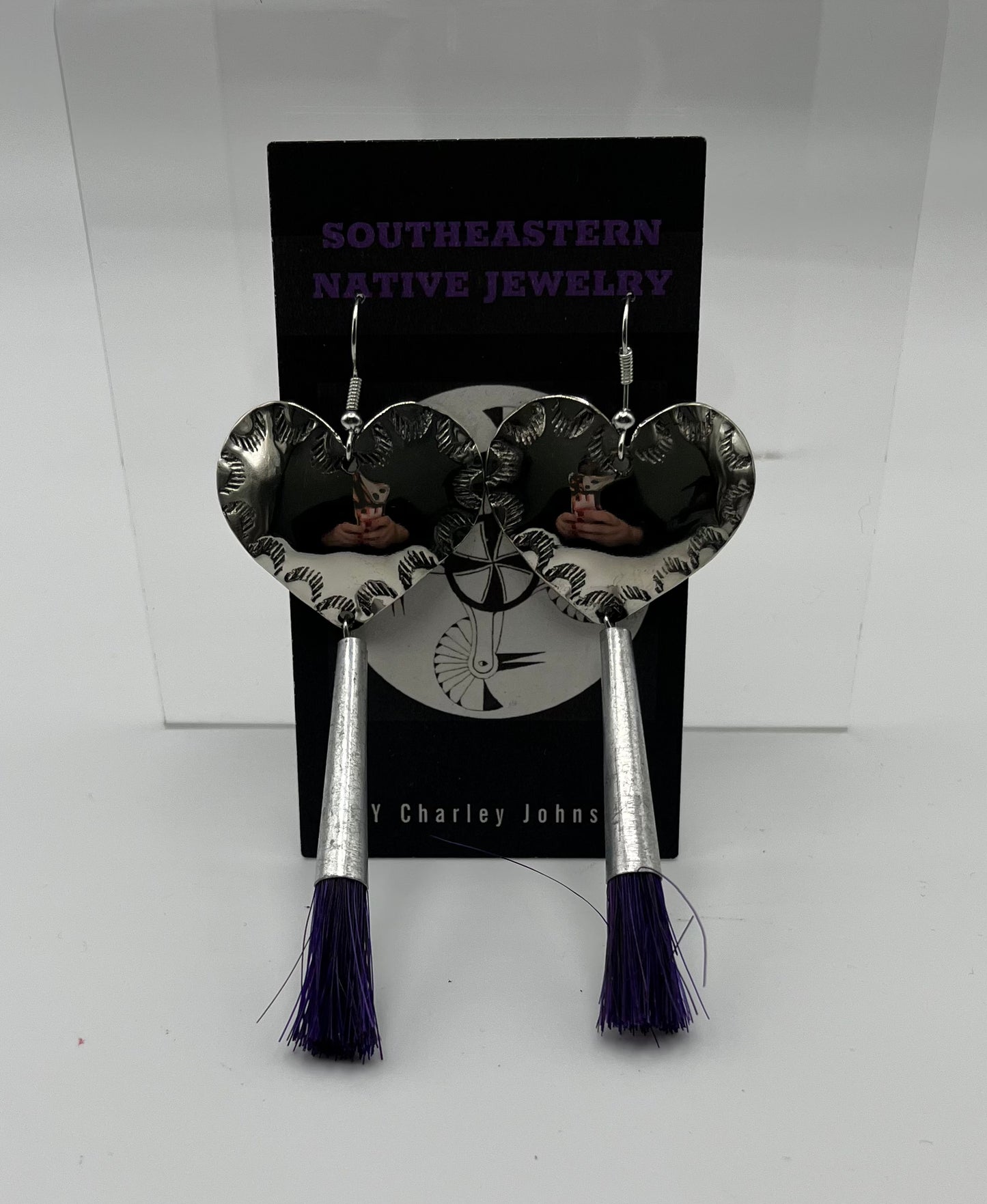Charley Johnson German Silver Heart Shaped Earrings with Horse Hair; Large, Purple