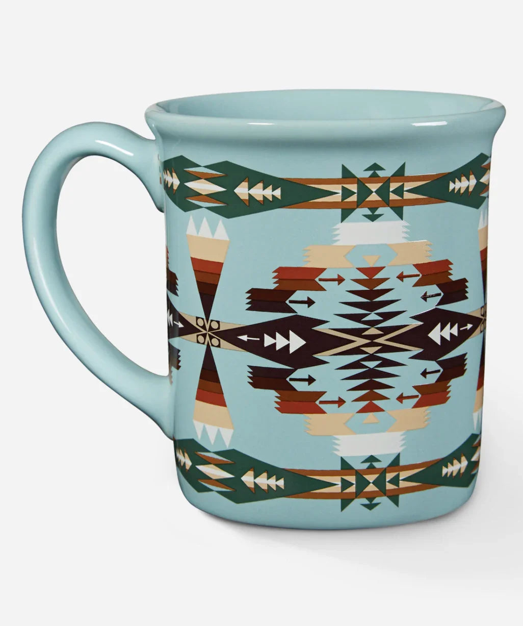 Light blue ceramic mug with Native American geometric patterns in earth tones