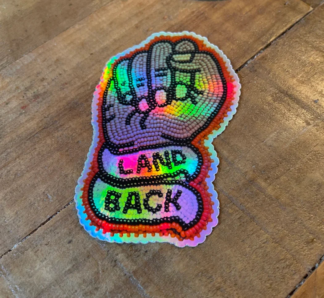 Beaded 'Land Back' fist patch with rainbow holographic border, Native American art craft supply