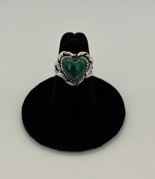 Malachite and Sterling Silver Heart Shaped Ring Size 7