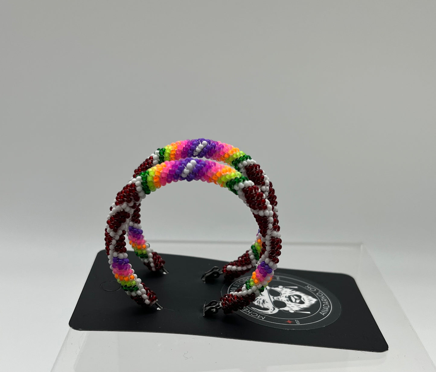 Large Beaded Hoops; Dark Red with White and Neon Detail