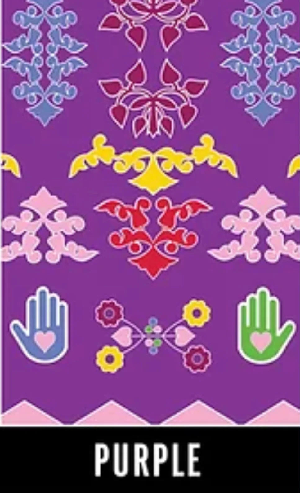 Purple fabric with colorful Native-inspired patterns, hands, and floral designs for crafts and traditional clothing.