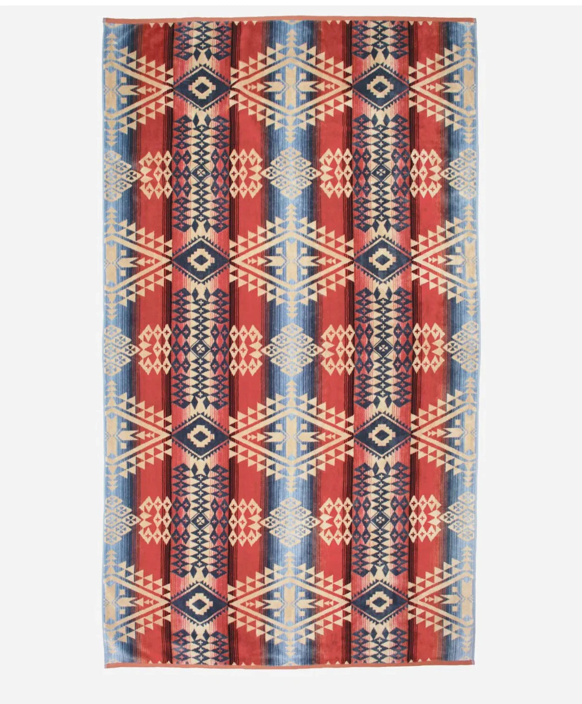Native American patterned blanket with red, blue, and cream geometric designs for traditional crafts and decor