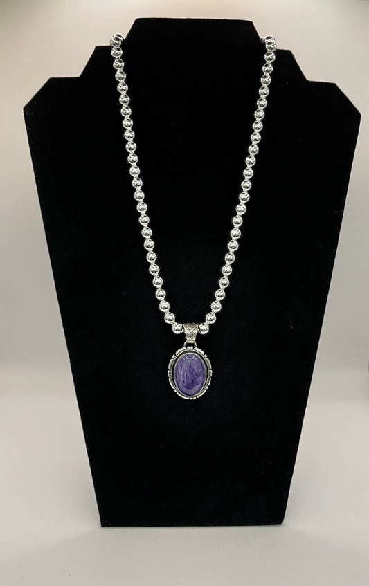 Oval Charoite and Sterling Silver Pendant, Beads Not Included