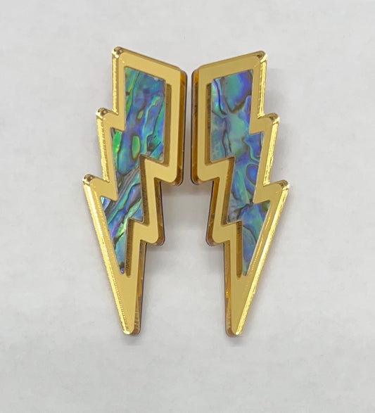 Lightning Bolt earrings gold acrylic and Abalone