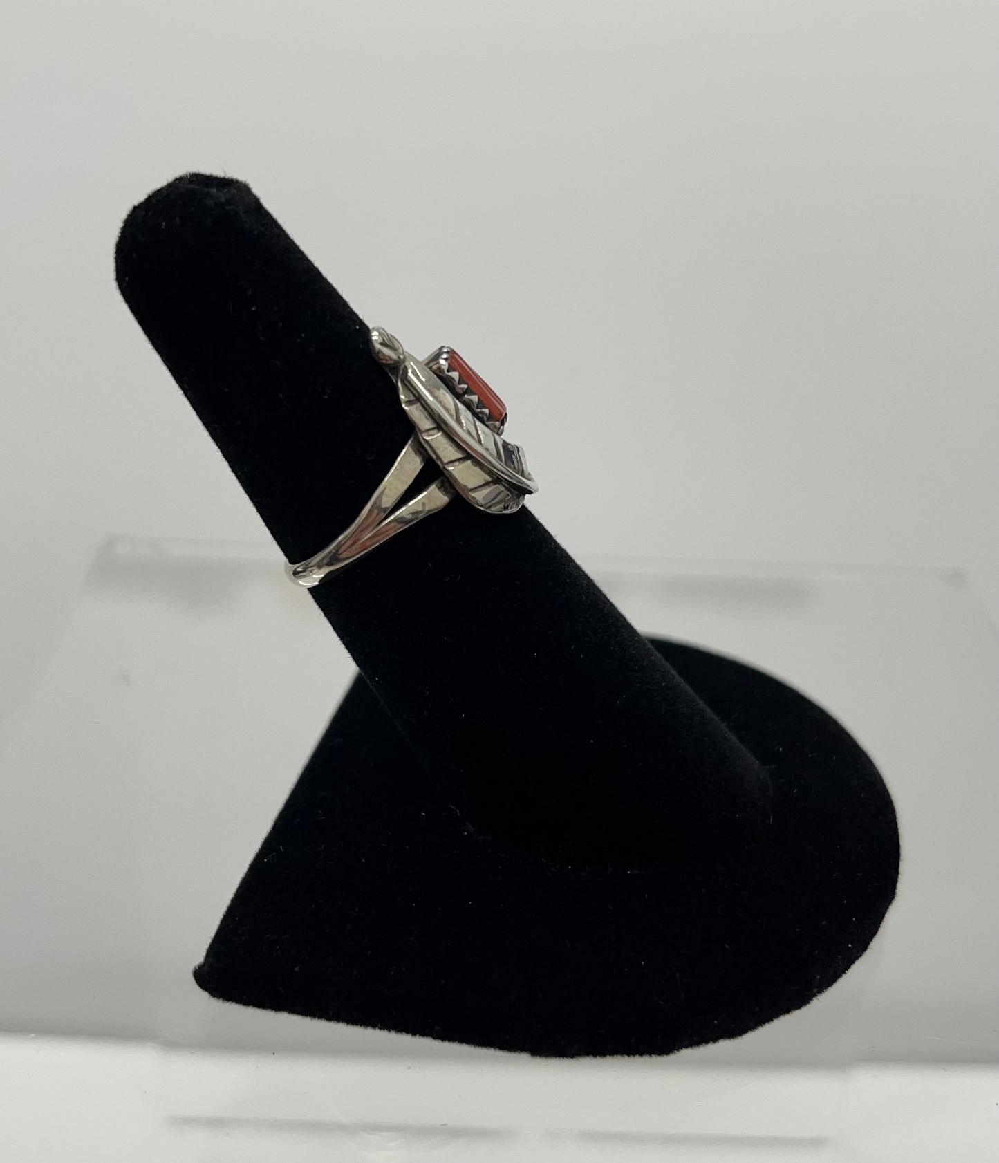 Coral and Sterling Silver Ring with Feather Detail Size 7