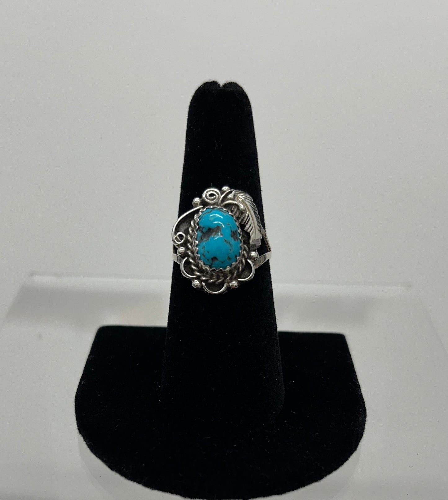 Turquoise and Sterling Silver Ring with Feather Detail Size 7.5