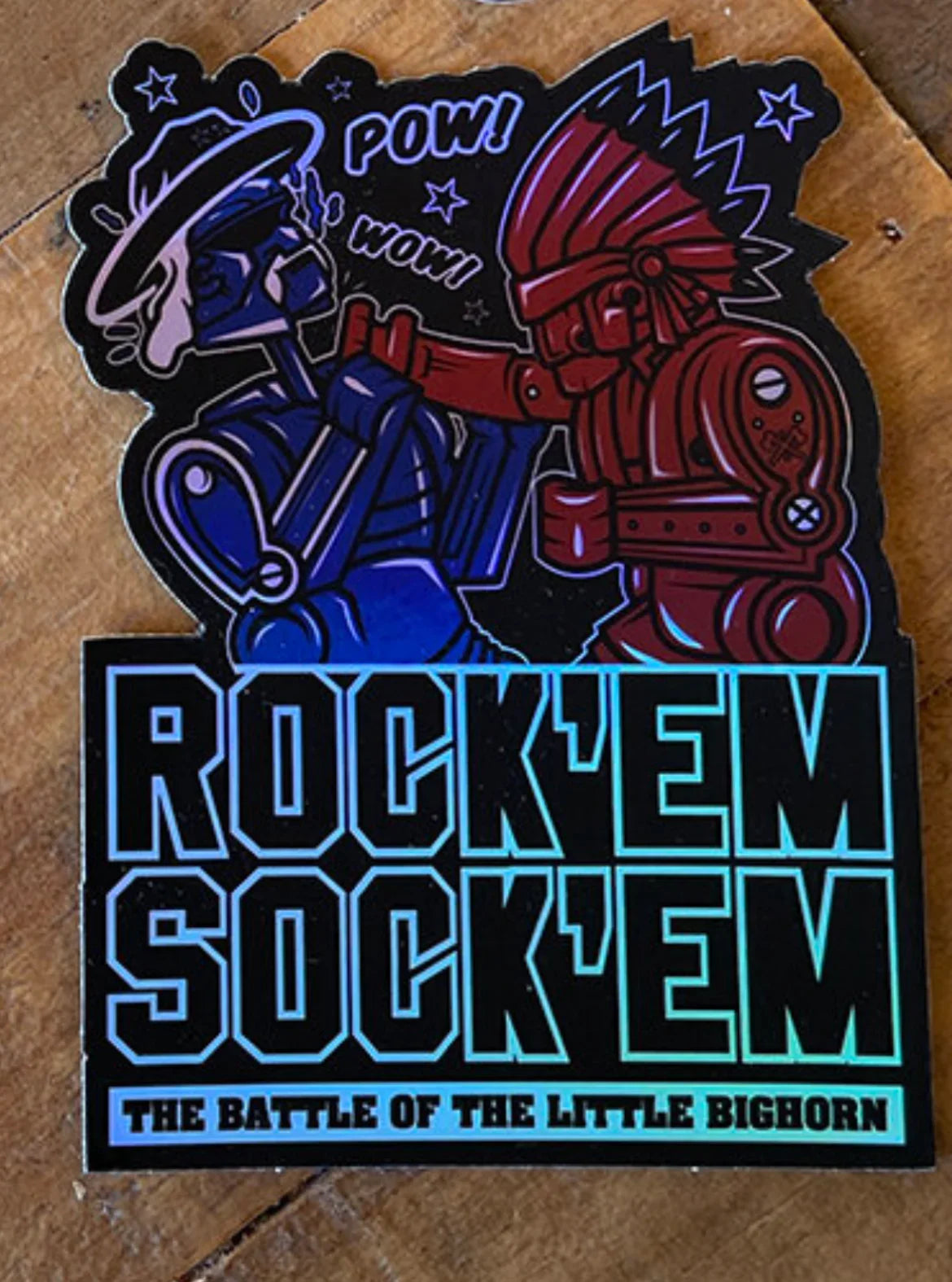 Rock'em Sock'em Robots sticker themed Battle of Little Bighorn, Native American art style