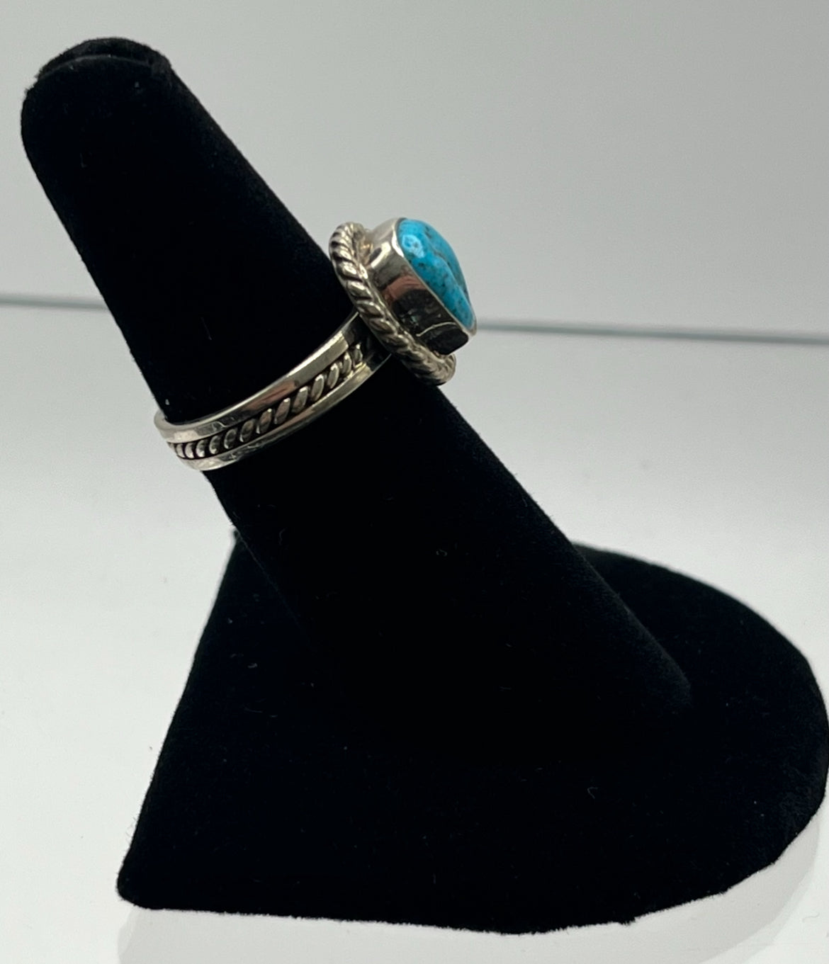 Small, Nugget Turquoise and Sterling Silver Ring with Rope Design Band; Size 7
