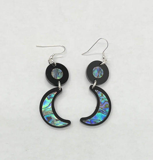Black and Abalone Crescent Moon acrylic earrings