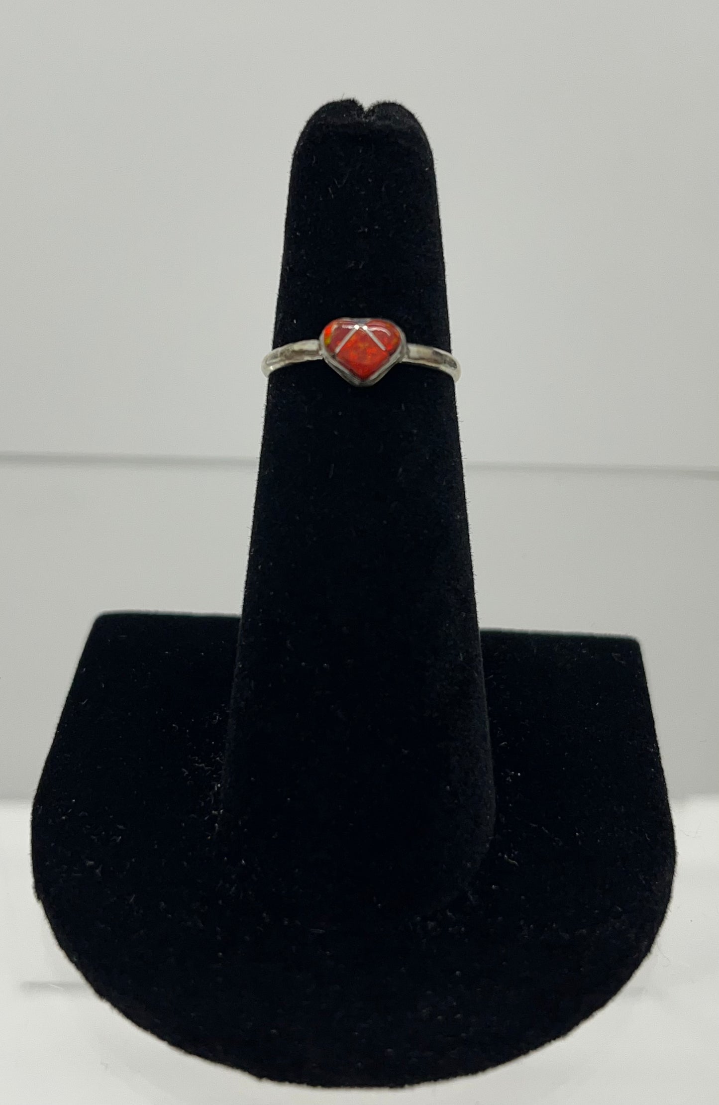 Petite Red Opal and Sterling Silver Heart Ring Size 5